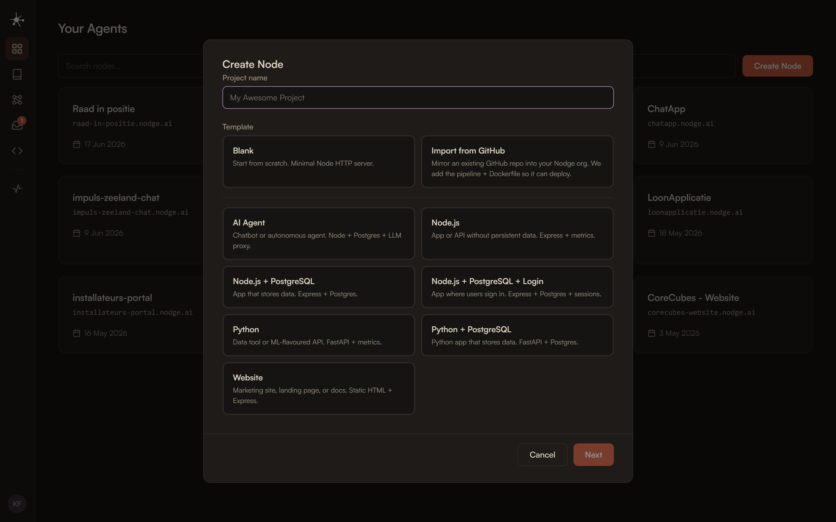 Create a new app on nodge
